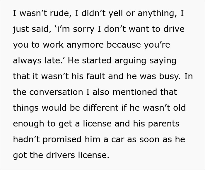 Friend stops giving free work rides due to lateness, conversation text over white background.