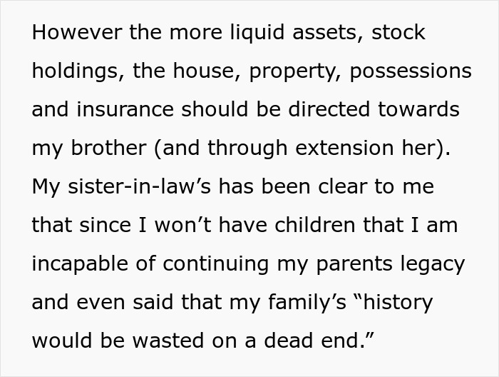 Text discussing will distribution, gay man excluded by sister-in-law for not having kids, impacting family legacy.