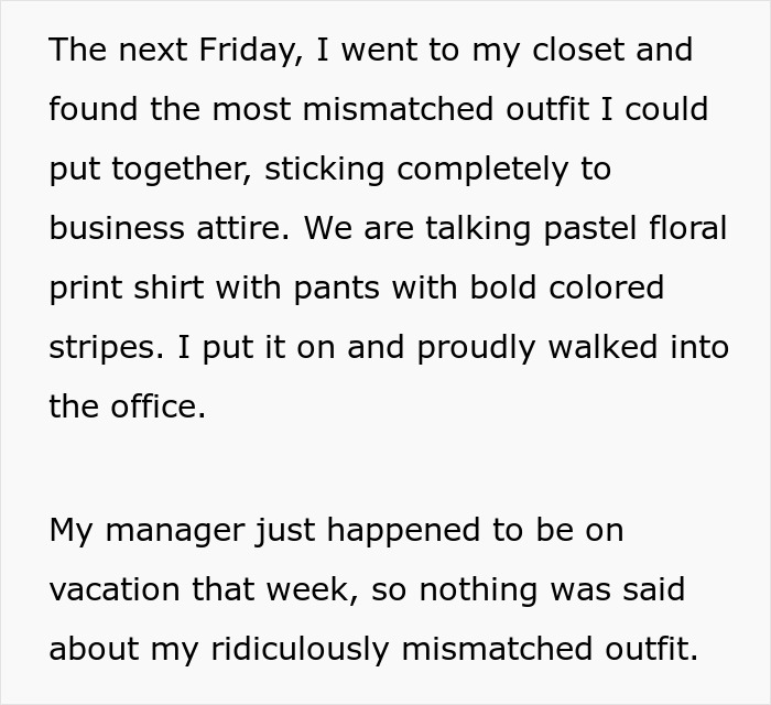 Mismatched business attire worn on a casual Friday at the office.