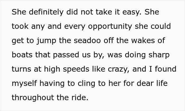 Text recounting a risky seadoo ride, raising questions about sister-in-law's intentions. Text recounting a risky seadoo ride, raising questions about sister-in-law's intentions.