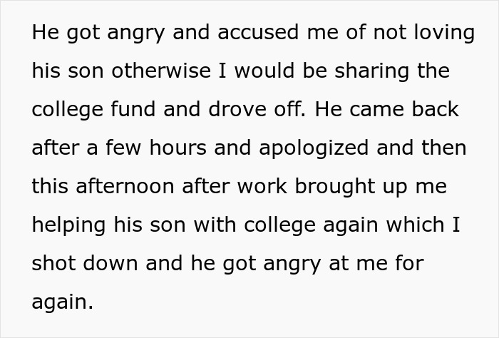 Text detailing an accusation about not loving a son due to refusal to share daughter's college fund.