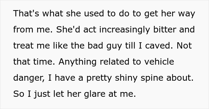 Text discussing vehicle danger and refusal to drive for a sibling, highlighting a firm stance against unsafe behavior.