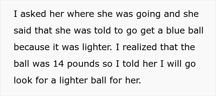 Text discussing a daughter being told to get a lighter blue ball at a party.