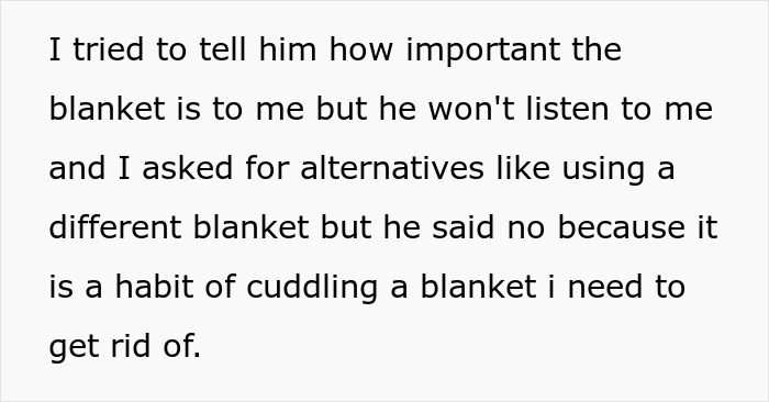 Text about emotional attachment to a baby blanket being dismissed; alternative suggestions denied.