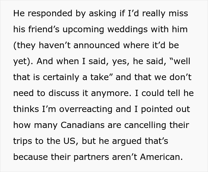 Text excerpt discussing a woman's refusal to visit the U.S. due to tariffs and jokes about a 51st state.