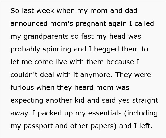 Text describing a move to grandparents' after parents announce new pregnancy, highlighting emotional response and decision. Text describing a move to grandparents' after parents announce new pregnancy, highlighting emotional response and decision.