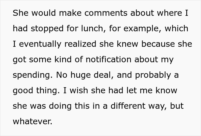 Text description about a man discovering his wife monitoring his spending.