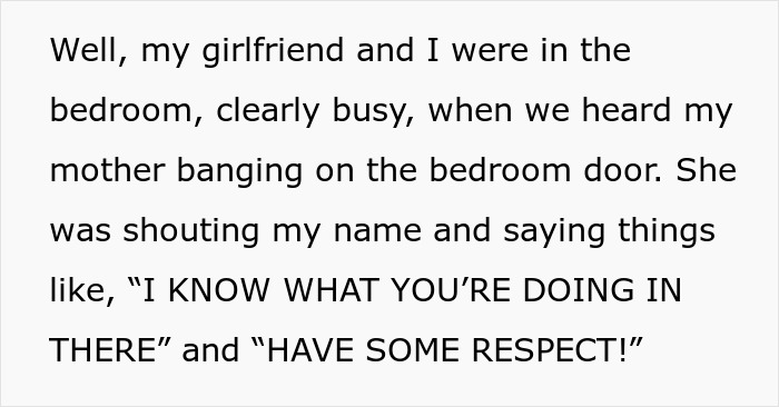 Text conversation with son interrupted by mom showing up, shouting and banging on the door, causing a private moment disruption. Text conversation with son interrupted by mom showing up, shouting and banging on the door, causing a private moment disruption.