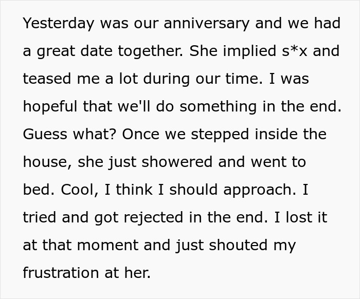 Text about a husband's frustration over a "dead bedroom" life and marital issues.