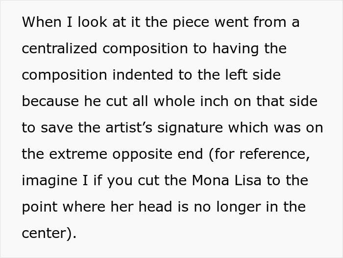 Text about artwork altered by boyfriend, shifting composition left to preserve artist's signature.