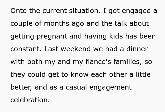 Text about engagement and family discussing having kids at a casual dinner celebration. Text about engagement and family discussing having kids at a casual dinner celebration.