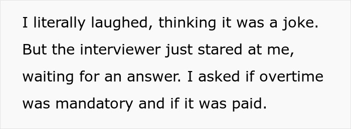 Text from applicant laughing about unpaid overtime during an interview discussion.