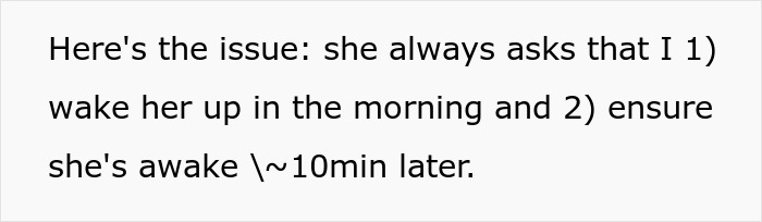 Text discussing wife's morning wake-up routine and refusal to stay awake.