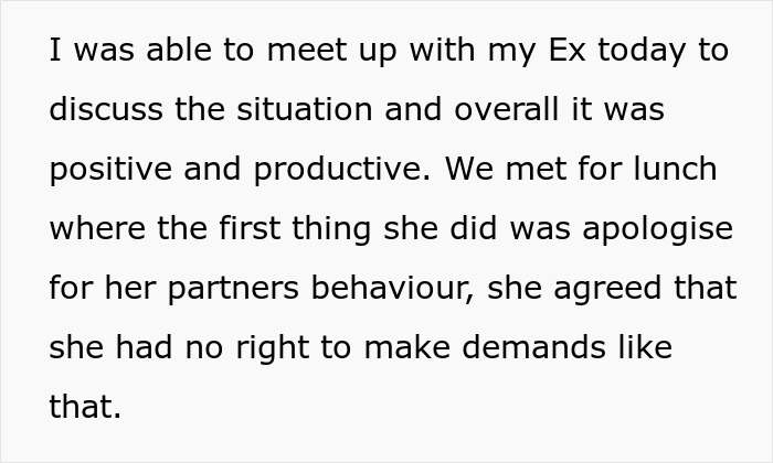 Text about a discussion with an ex, focusing on her apology regarding her partner's demands about naming a baby.