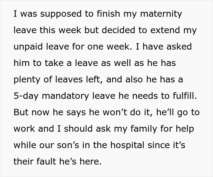 Text discussing maternity leave, son with pneumonia in hospital, dad back to work, and family help needed.
