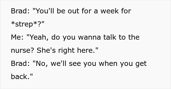 Text conversation about taking a week off for illness, mentioned by pharmacy managers. Text conversation about taking a week off for illness, mentioned by pharmacy managers.