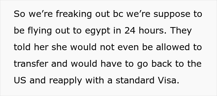 Text discussing a woman's frustration over friends' refusal to reimburse her for an Egypt trip due to visa issues. Text discussing a woman's frustration over friends' refusal to reimburse her for an Egypt trip due to visa issues.
