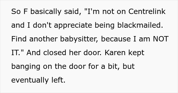 Text depiction of a dispute between a disabled neighbor and Karen over babysitting.