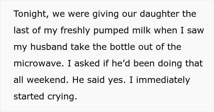 Text exchange about husband microwaving breast milk.