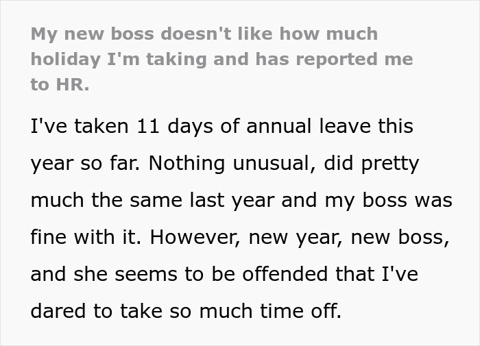 Text about an American boss reporting a European employee to HR for taking 11 days of PTO.