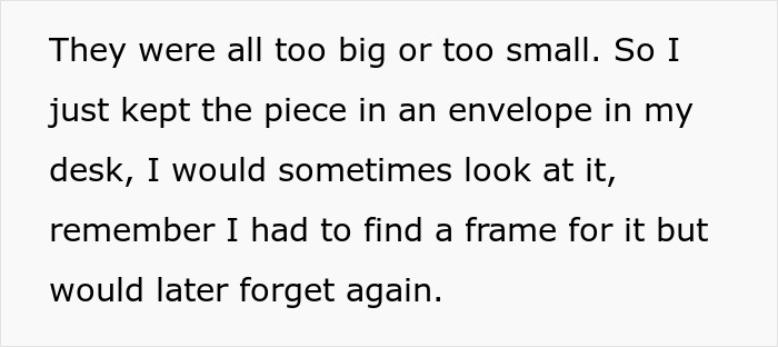 Text describing a woman's reflection on an artwork issue after her boyfriend attempted to fix it.