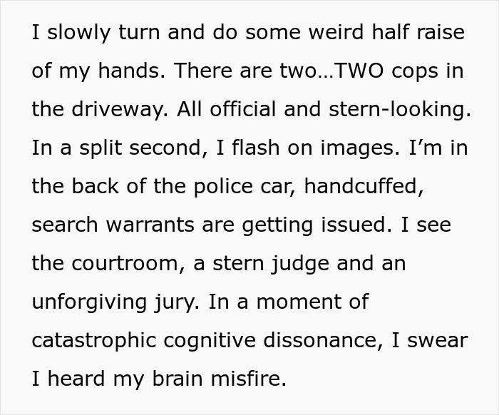 Text describing a woman imagining her arrest, with cops, a courtroom, and emotional distress over insulin quest.