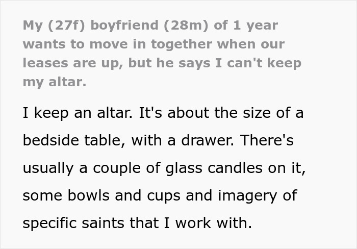 Text describing a relationship issue over an altar, with a boyfriend's request related to religion.