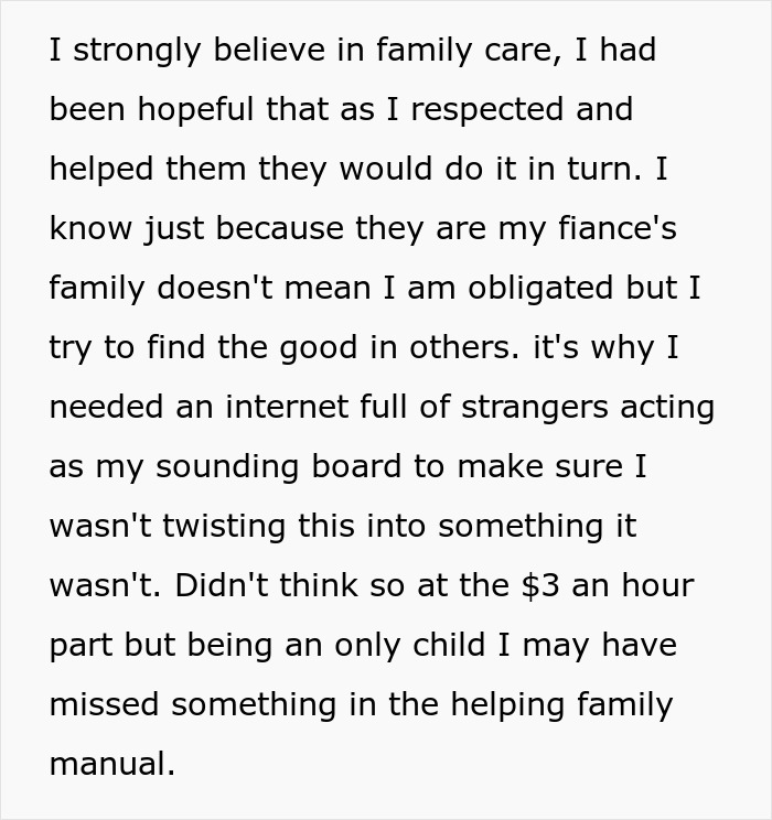 Text discussing family demands for $3 an hour babysitting, expressing hope for mutual respect and help.