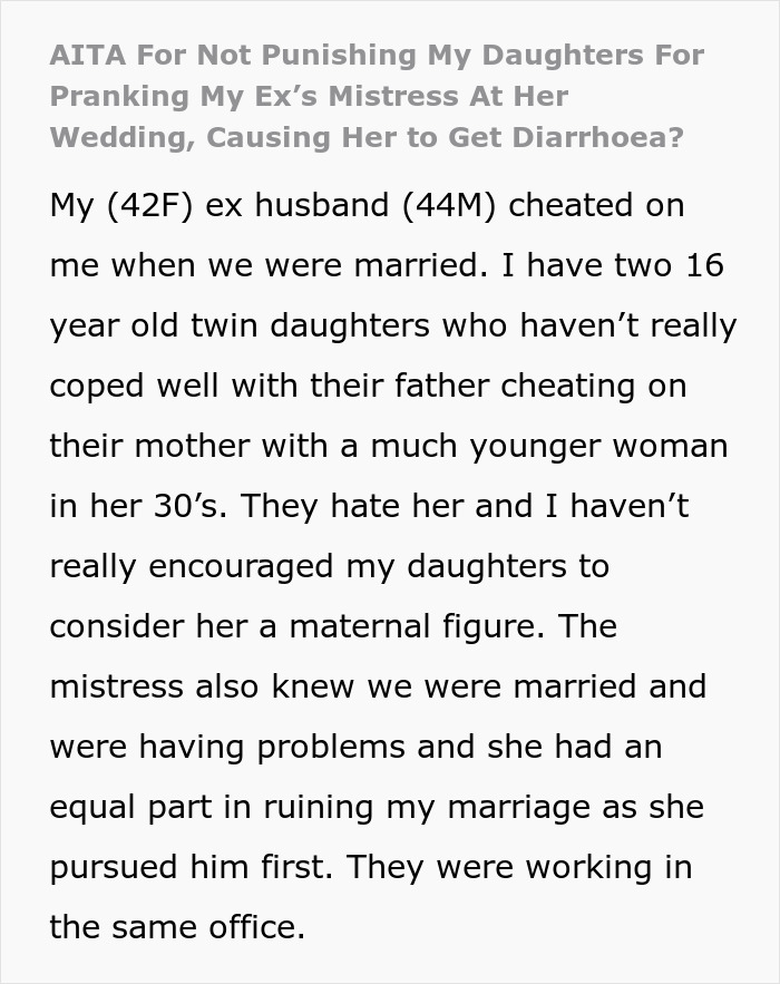 Text about kids spiking food with laxatives at their father's wedding to his mistress, causing disruption in festivities.