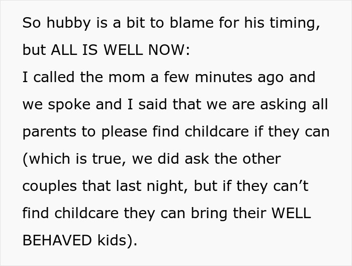 Text about a couple requesting friends to find childcare, seeking to address unruly kids without affecting friendships.