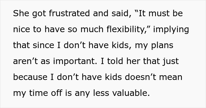 Text exchange about coworker refusing to cancel vacation for mom, discussing value of non-parental time off. Text exchange about coworker refusing to cancel vacation for mom, discussing value of non-parental time off.