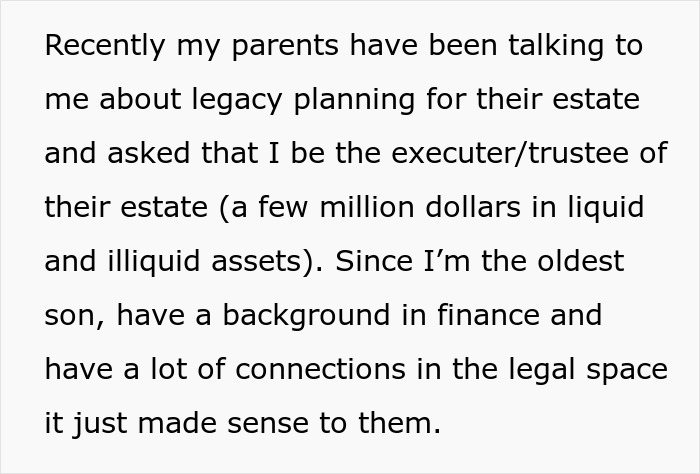 Gay man discusses estate planning, chosen as executor due to finance background and legal connections.