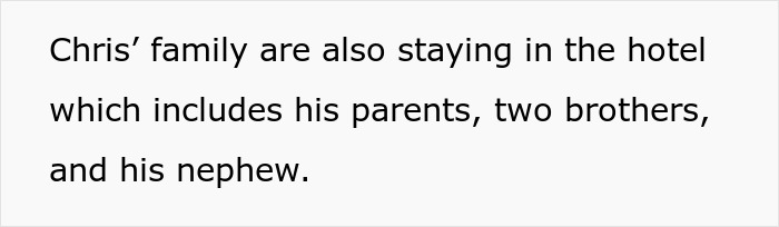 Text image about groom's family staying in a hotel for a destination wedding.