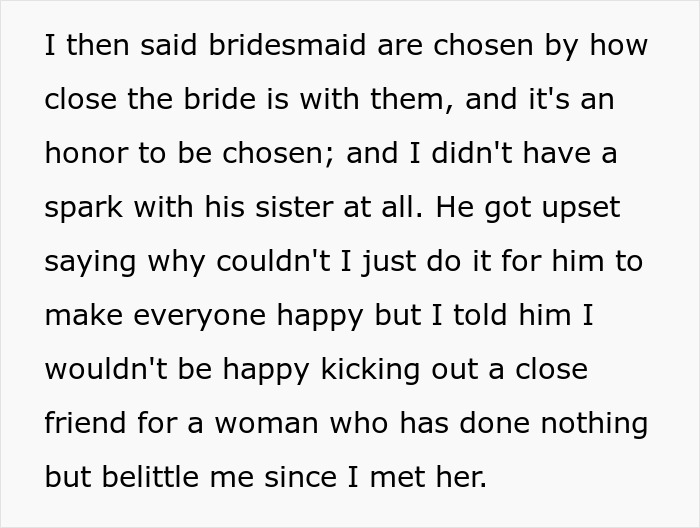 Text discussing a woman questioning her wedding due to fianc&eacute; siding with his sister, who bullies her.