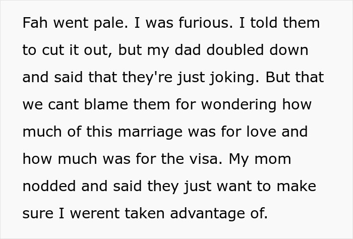 Text image discussing parents' racist comments towards son's Thai wife about marriage motives.