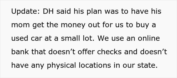Text about a plan involving an online bank and buying a used car, related to a secret $7,500 loan to mom.
