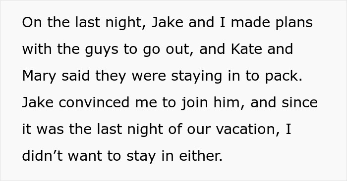 Text from a story about friends and vacation plans on the last night, featuring Jake, Kate, and Mary.
