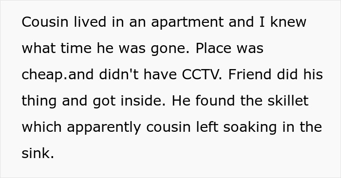 Text about a cousin's apartment and a stolen skillet soaking in a sink.