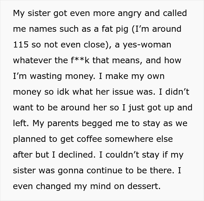 Text exchange revealing family dinner conflict over dessert comments. Text exchange revealing family dinner conflict over dessert comments.