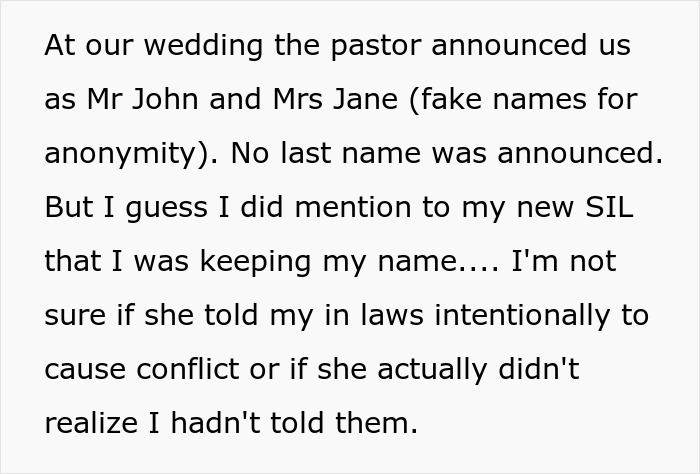 Text describing a bride's choice to keep her name, causing family tension at the wedding.