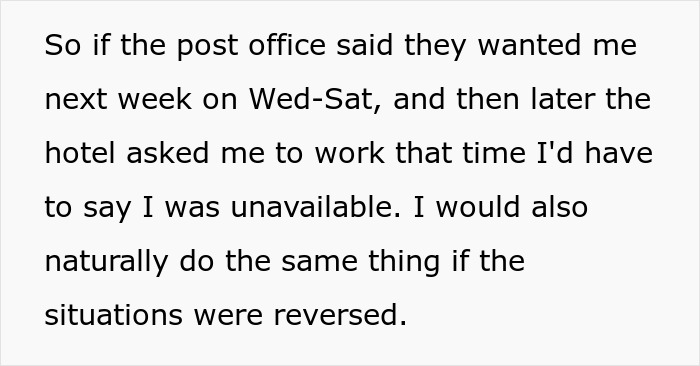 Text detailing work schedule dilemma, related to being fired without being told, shared as part of a petty revenge story.