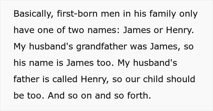 Text describing a family tradition of first-born men named James or Henry, now challenged.