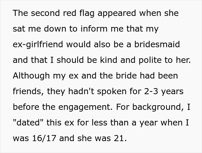 Text about a bridesmaid's red flags concerning a rude, hypocritical bride, including an ex-girlfriend as a bridesmaid.