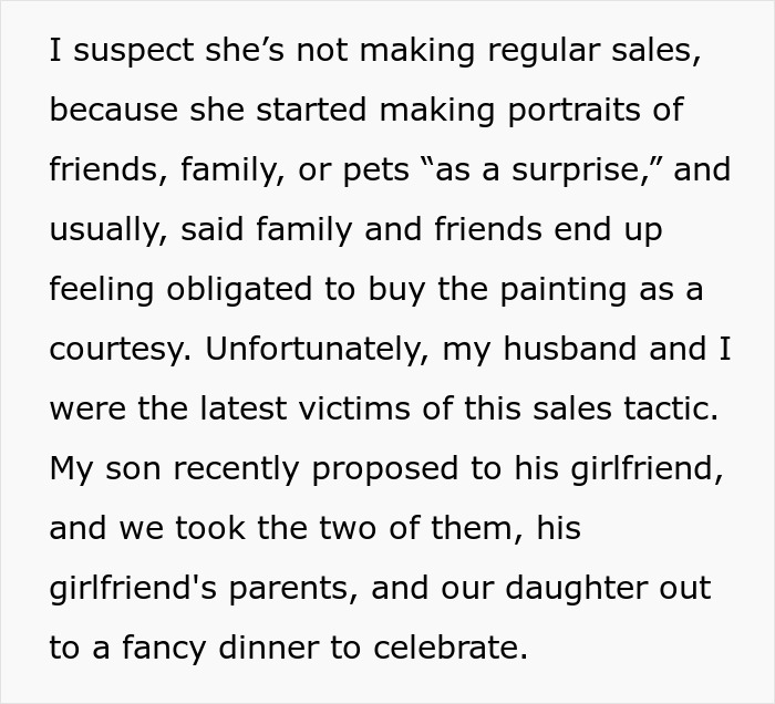 Text description discussing woman's unexpected paintings and sales challenges. Text description discussing woman's unexpected paintings and sales challenges.