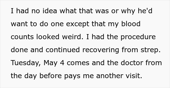 Text description discussing a medical procedure and a doctor's visit regarding blood counts. Text description discussing a medical procedure and a doctor's visit regarding blood counts.