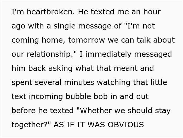 Text of a breakup message discussing relationship status, expressing heartbreak and confusion over burn scars.