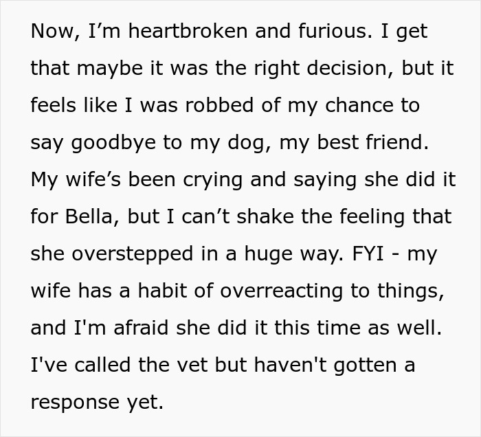 Heartbroken man shares text about losing trust in wife after she puts dog down without his consent.