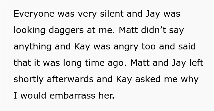 Text image discussing a tense moment between people, involving silence, daggers, and embarrassment, linked to sister's crush.