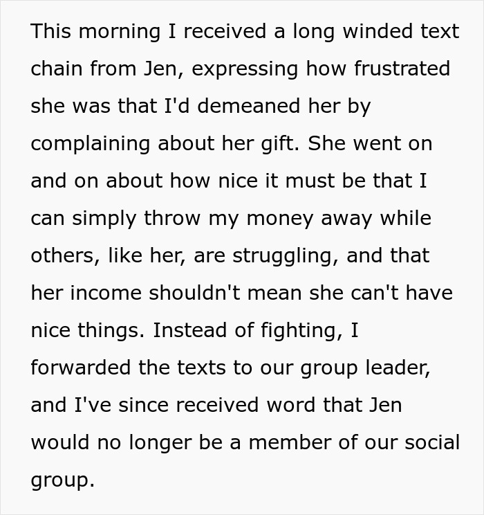 Text exchange reveals drama as lady swindles at gift exchange, leading to expulsion from the club.