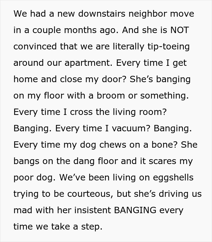 Text image discussing neighbor's noise complaints about upstairs residents' everyday activities.